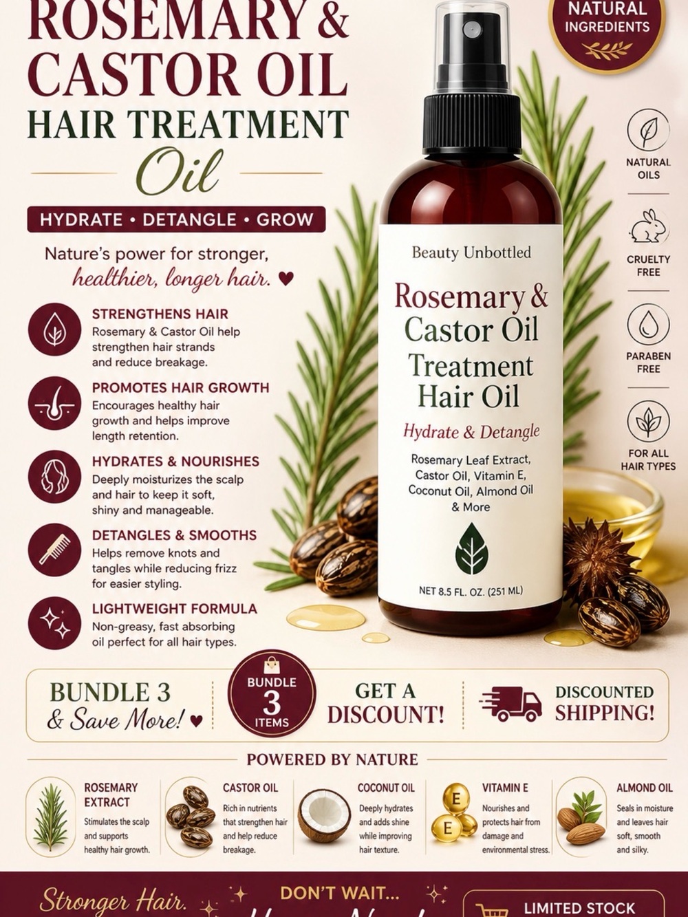 Rosemary & Castor Oil Treatment Hair Oil - Brown
